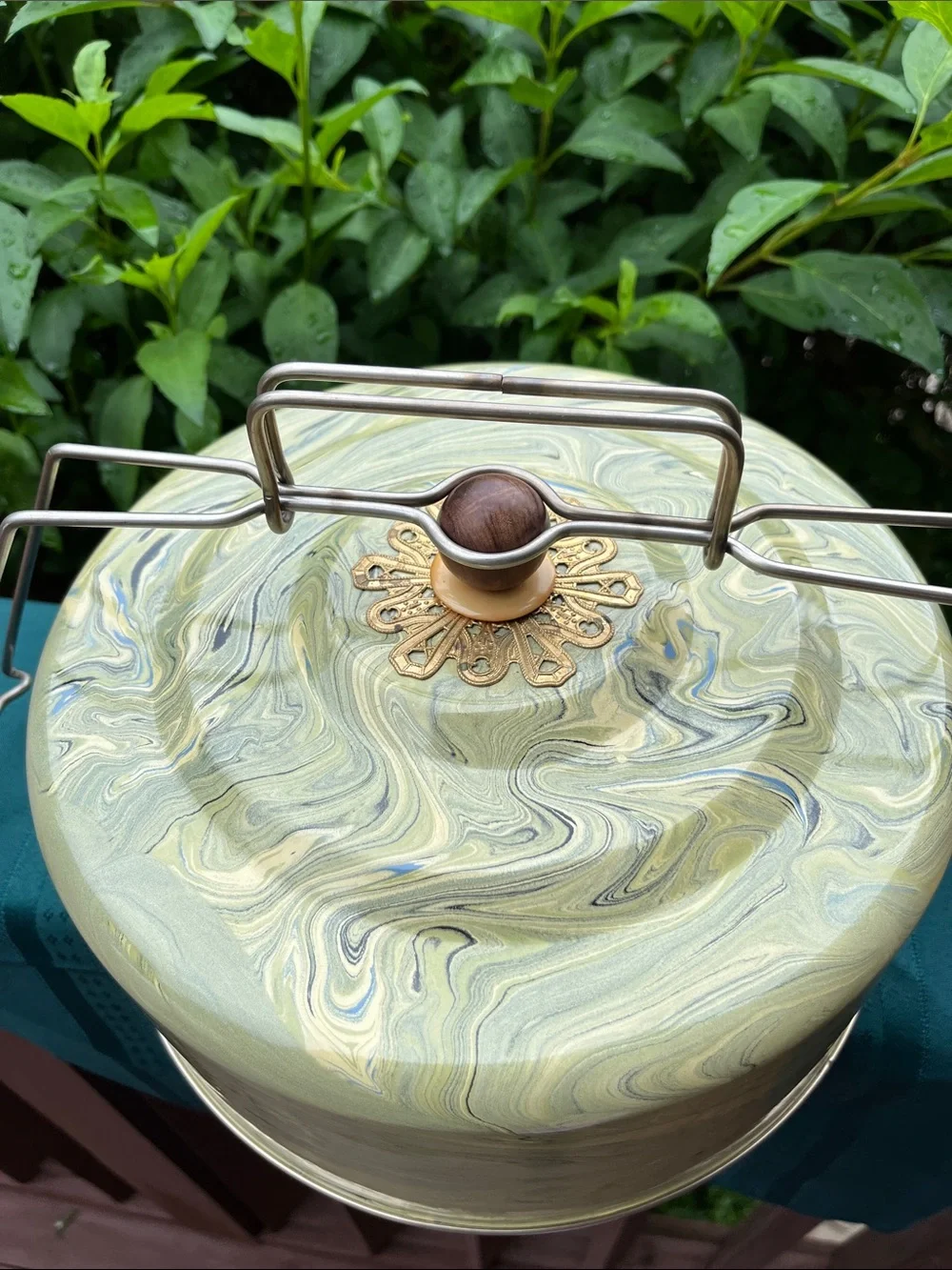Mackenzie Childs Enamel Dome Cake Carrier Lid Vintage Marbled Paint Splatter